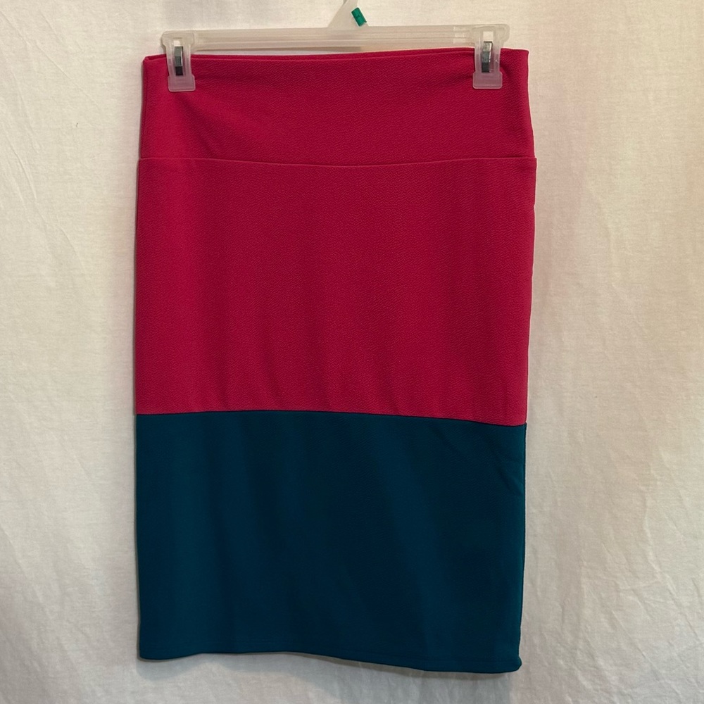 A-155 LuLaRoe Pink & Teal Blue MIDI Skirt Size M